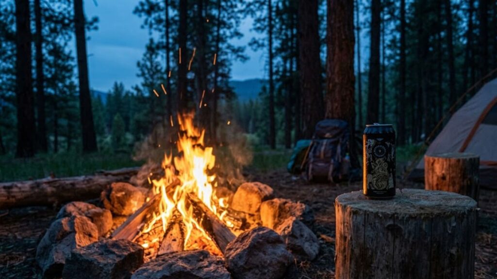 焚き火のそばに置かれたクラフトビール缶