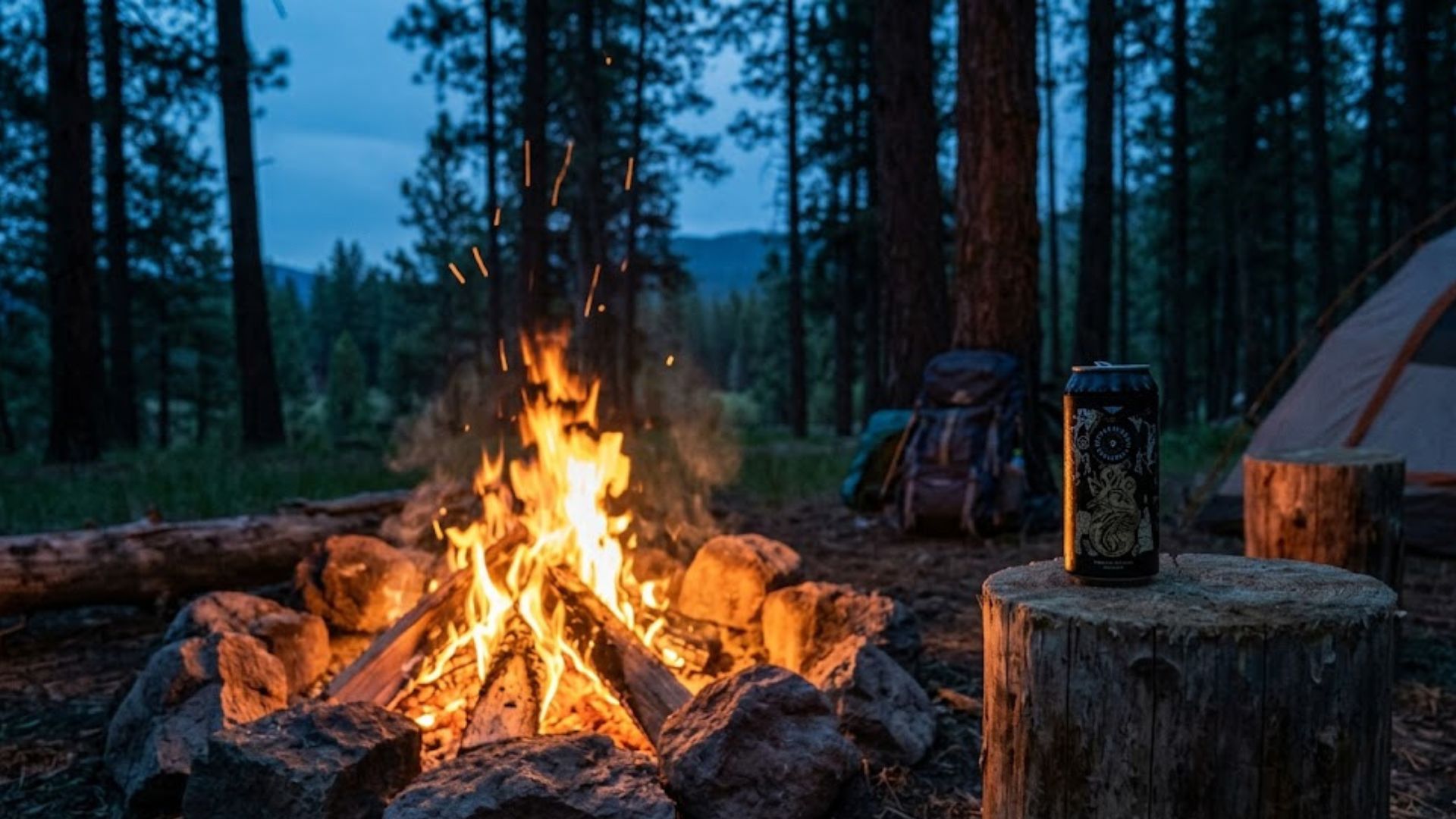 焚き火のそばに置かれたクラフトビール缶