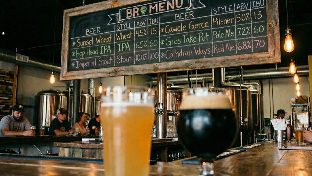 ABVやIBUが書かれたタップルームの黒板メニューと2つのグラスビール