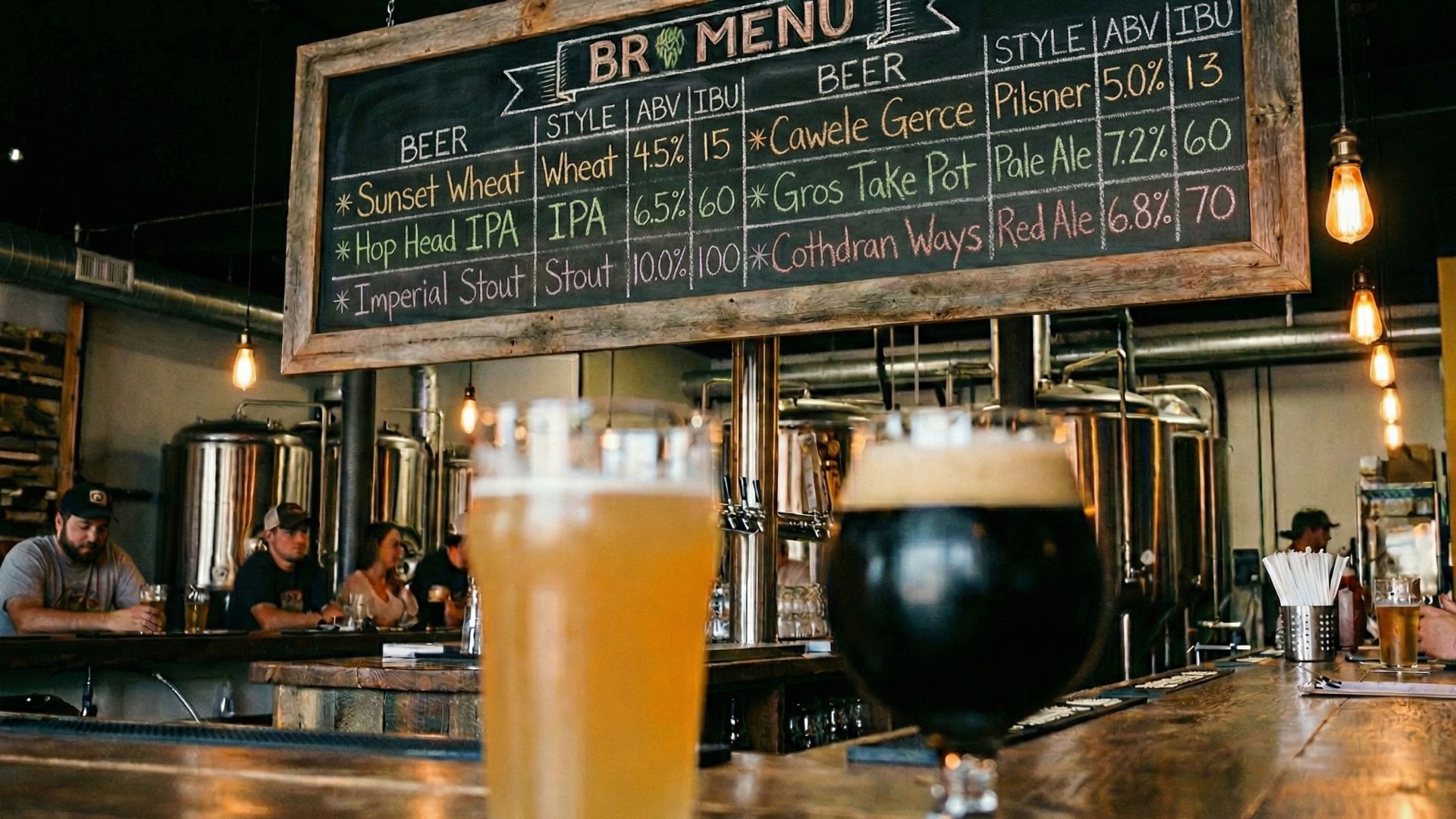 ABVやIBUが書かれたタップルームの黒板メニューと2つのグラスビール