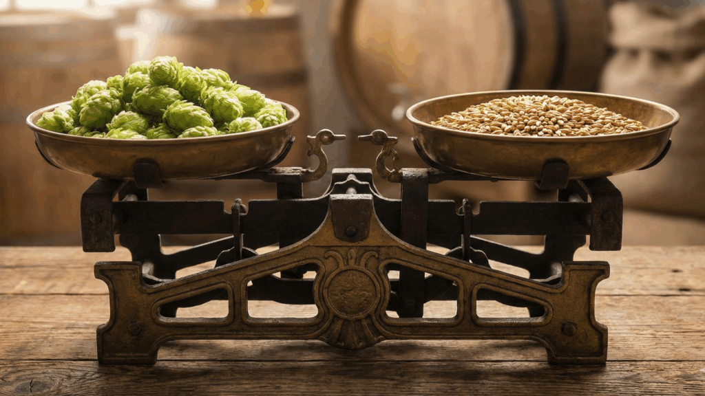 天秤で釣り合うホップと麦芽。ビールの苦味と甘みのバランスを表現