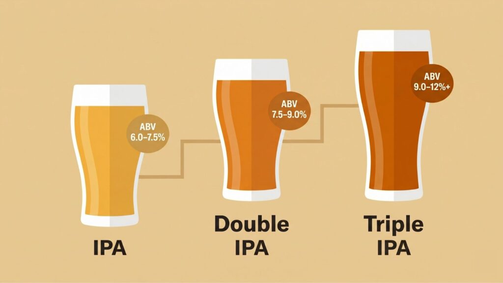 IPA・ダブルIPA・トリプルIPAのアルコール度数目安を示した3段階の図