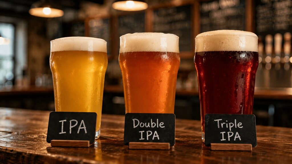 IPA・ダブルIPA・トリプルIPAの3種グラスを並べた飲み比べイメージ