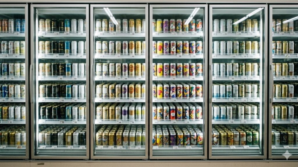 スーパーの棚に並ぶビール・発泡酒・クラフトビールの缶
