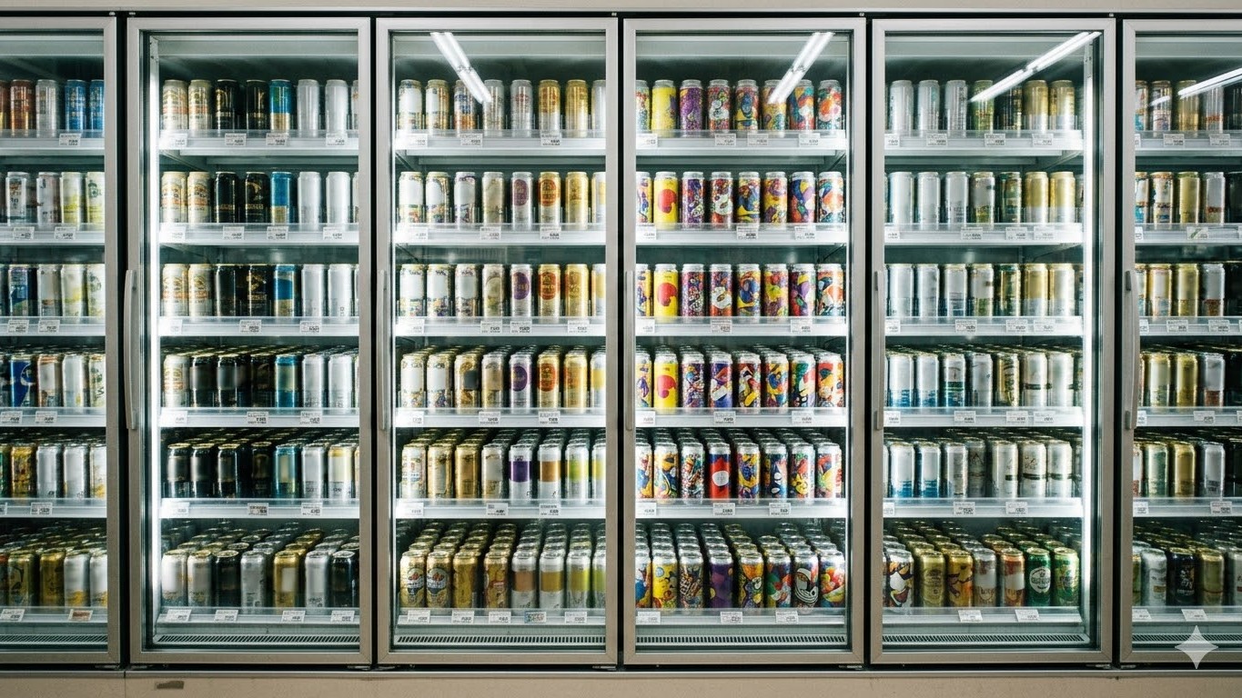 スーパーの棚に並ぶビール・発泡酒・クラフトビールの缶
