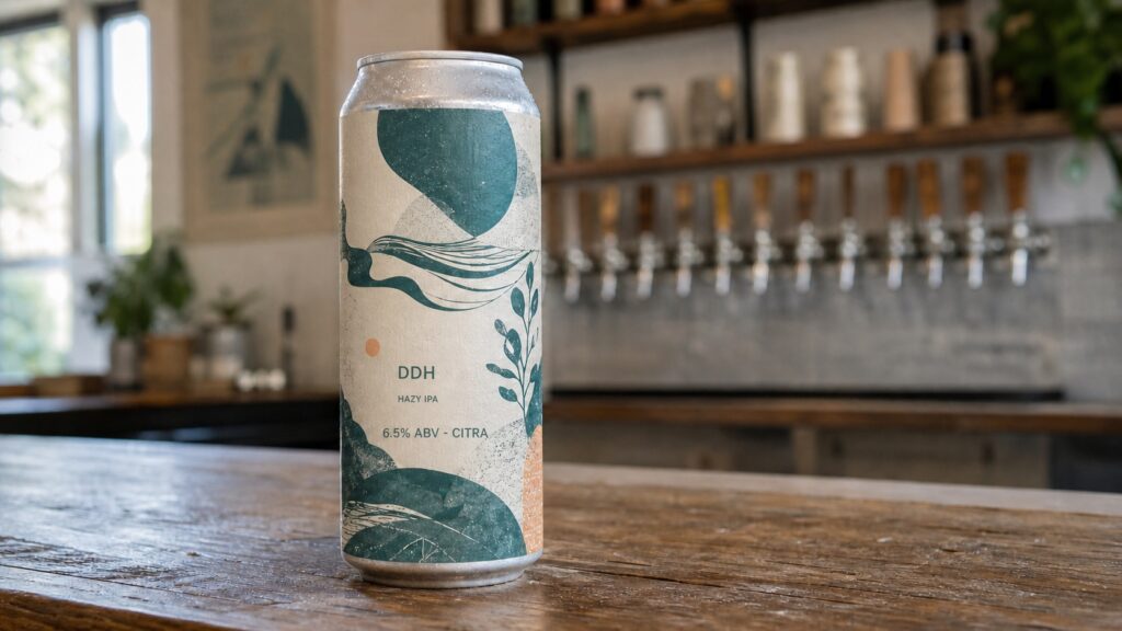 DDH・HAZY IPA・6.5% ABVと書かれたクラフトビールの缶が、バーカウンターに置かれている