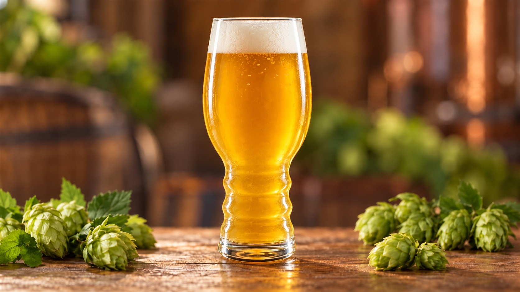 グラスに注がれた黄金色のビールと、ドライホップに使う緑のホップペレット